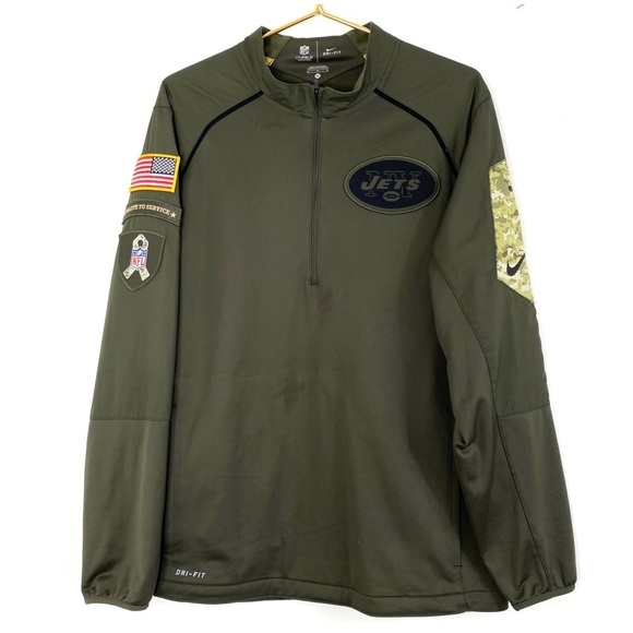 Nike NFL ONFIELD Jets Camo Pocket Half Zip Pullover Jersey Shirt Military Green - Picture 2 of 10